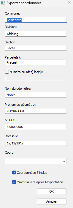 Cadmap > Exporteer lijst