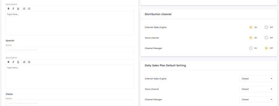 The image displays a user interface with various channel settings for an e-commerce platform, including options for Internet Sales Engine, Voice channel, and a Daily Sales Plan. 
KI-generierte Inhalte können fehlerhaft sein.