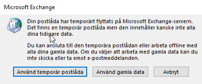 Din postlåda har temporärt flyttats på Microsoft exchange-server