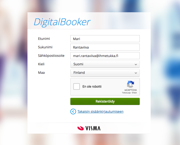 Näyttökuva 2018-06-14 kello 9.35.04.png Uuden tilin luonti Visma Connectiin. Huomioi, että käytät samaa sähköpostiosoitetta kuin Digitalbookeriin kirjautumisessa.