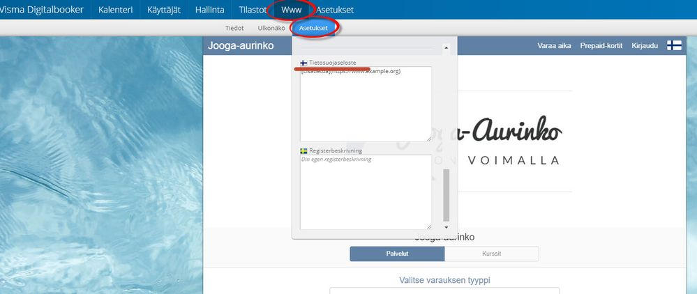 Linkin lisääminen asetuksissa