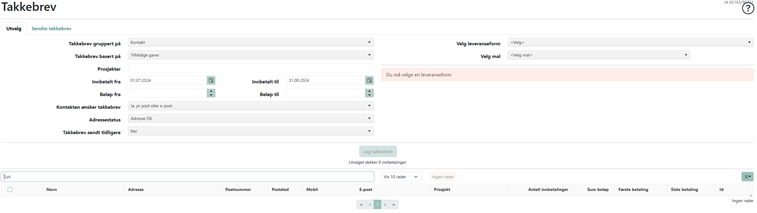 Skjermbilde av takkebrev-modulen