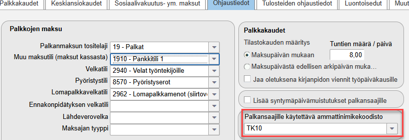 Ammattinimikekoodiston valinta