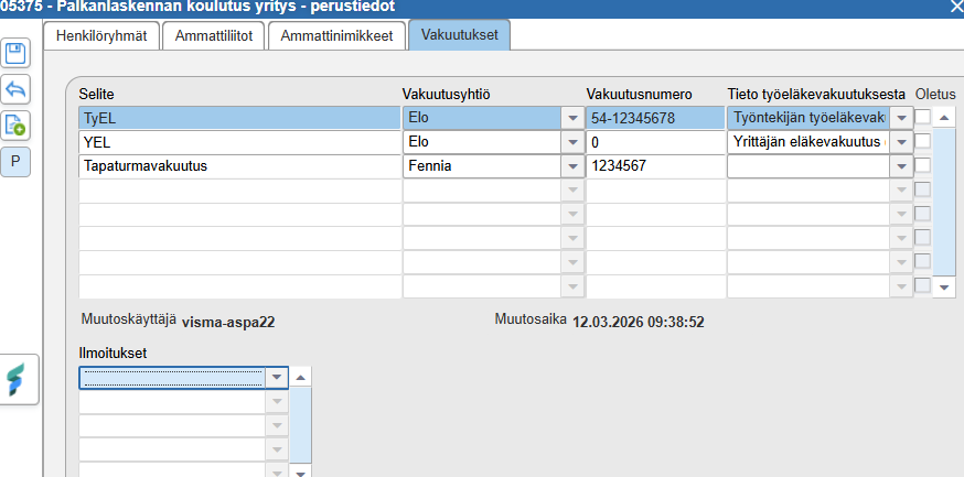 Vakuutustietojen määritys