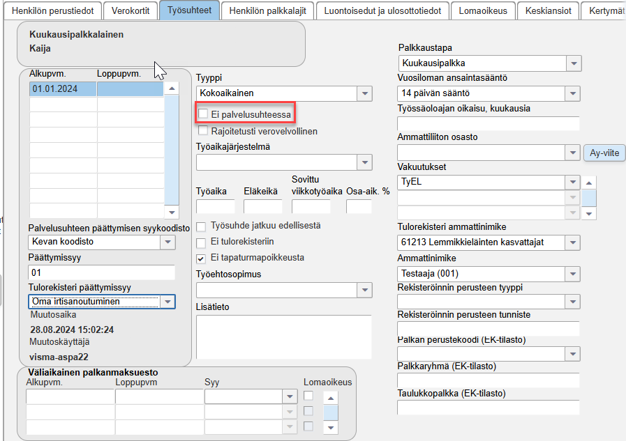 Ei palvelusuhteessa -valinta