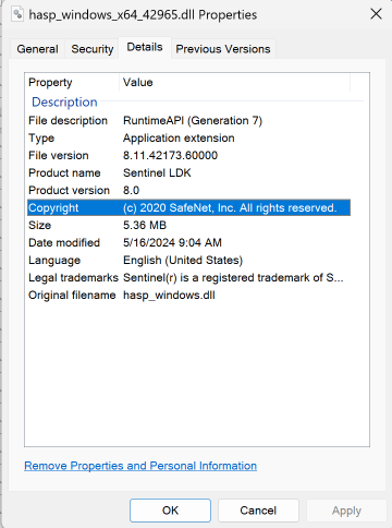 product version of hasp dll