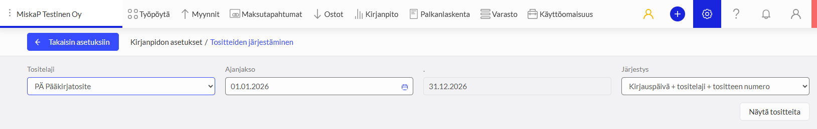 Tositteiden järjestäminen -näkymä