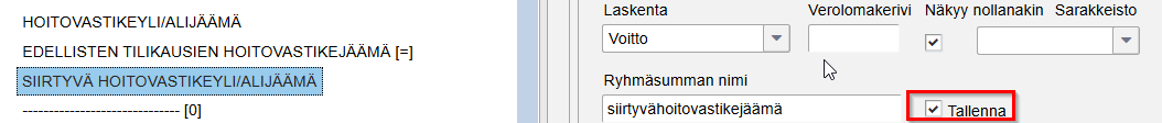 Tilipuitteen tallennusasetus