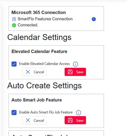 The image shows a Microsoft 365 interface with options to enable or disable features like Elevated Calendar Access and Auto Smart Job Feature.
AI-generated content may be incorrect.