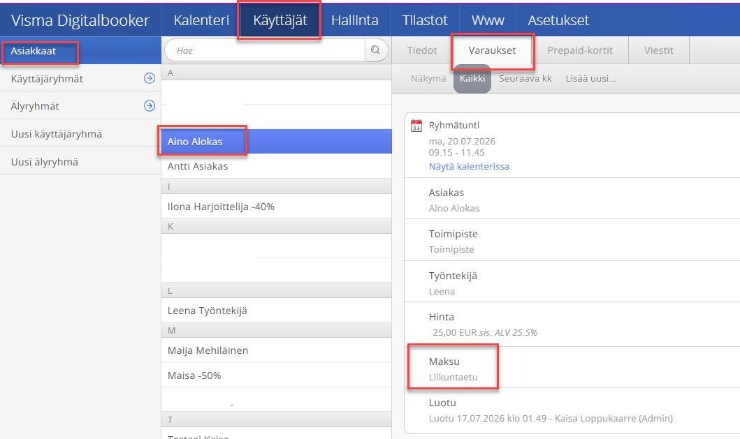 Maksutieto asiakkaan varauksissa