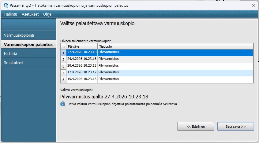 Palautettavan varmuuskopion valinta