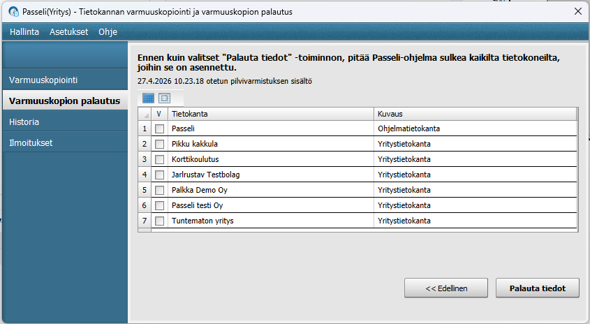 Palautettavien tietokantojen valinta