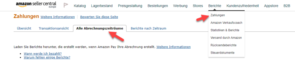 Auszahlungsberichte bei Amazon anfordern.