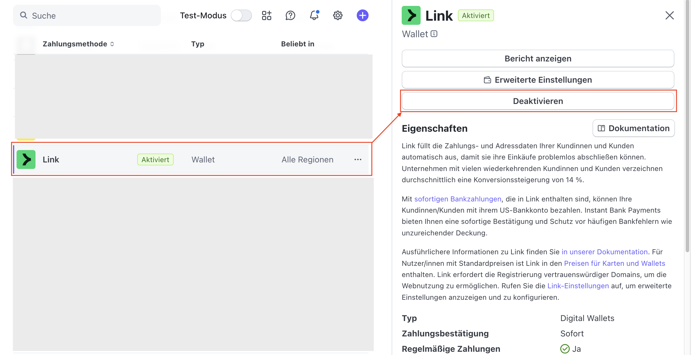 Stripe-Einstellungen für Link