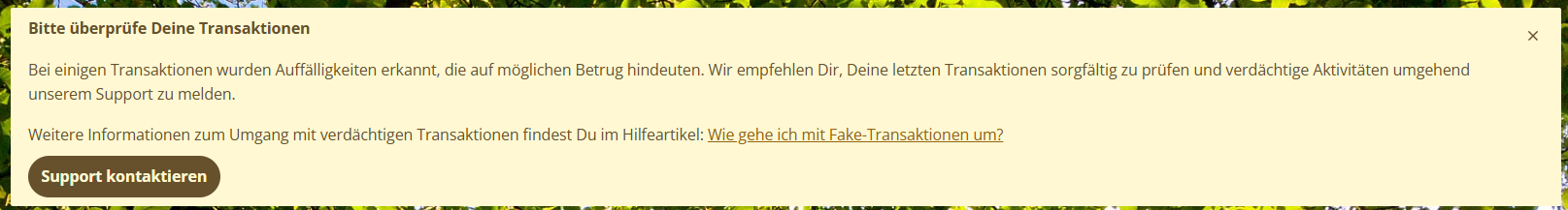 Warnmeldung zu verdächtigen Transaktionen im FundraisingBox Account