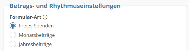 Screenshot: Es gibt drei verschiedene Formular-Arten: "Freies Spenden", "Monatsbeiträge" und "Jahresbeiträge"
