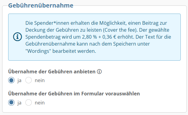 Screenshot: Man kann bei "Übernahme der Gebühren anbieten" und "Übernahme der Gebühren im Formular vorauswählen" "ja" oder "nein" auswählen.