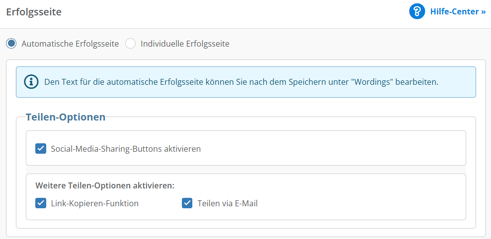 Screenshot: Einstellungen der automatischen Erfolgsseite
