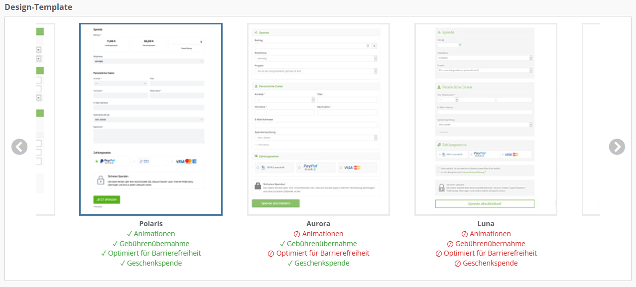 Screenshot: Eine Übersicht über die verschiedenen Design-Templates, die zur Verfügung stehen. Wir empfehlen das neueste: Polaris.