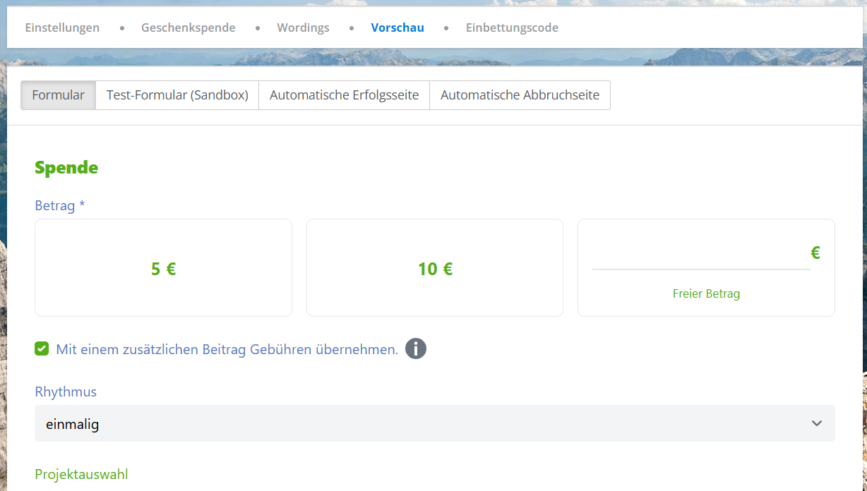 Screenshot: Vorschau des Spendenformulars