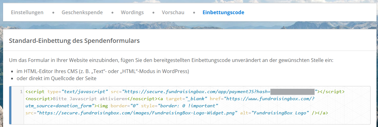 Screenshot: Reiter Einbettungscode mit eingebettetem JavaScript