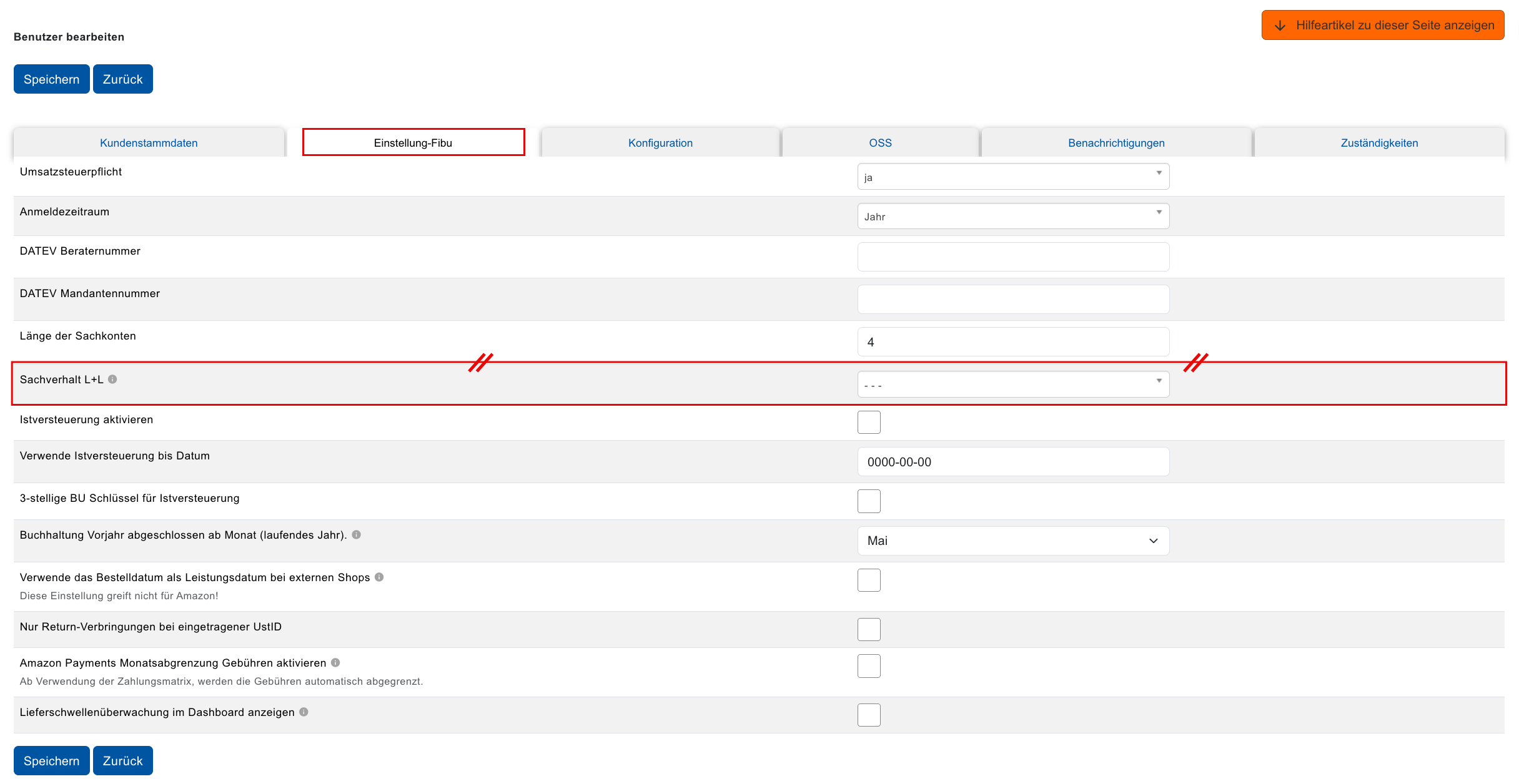 AccountOne Einstellung FiBu Sachverhalt L+L