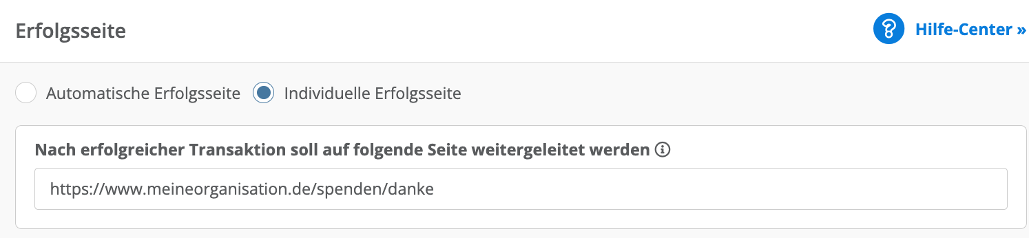 Screenshot: Einstellungen der individuellen Erfolgsseite. Man hinterlegt hier die URL zu seiner eigenen Erfolgsseite.