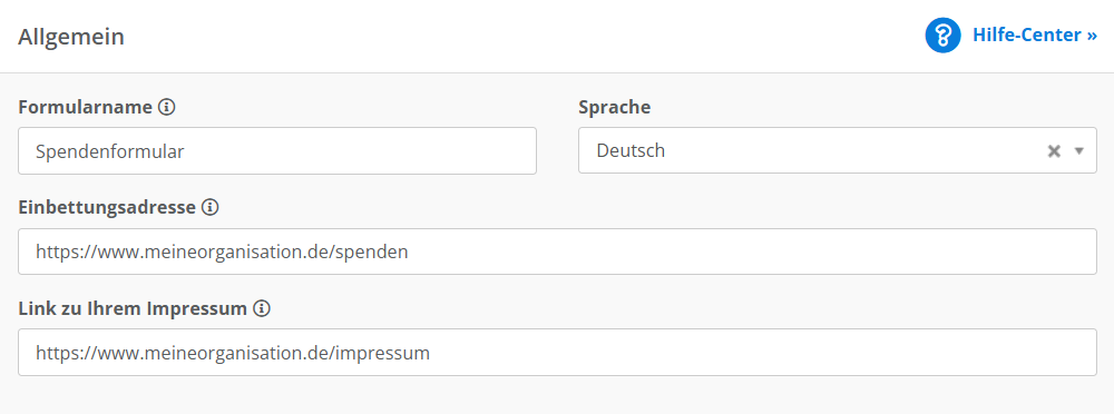 Screenshot: Bereich Allgemein mit Formularname, Sprache und Einbettungsadresse