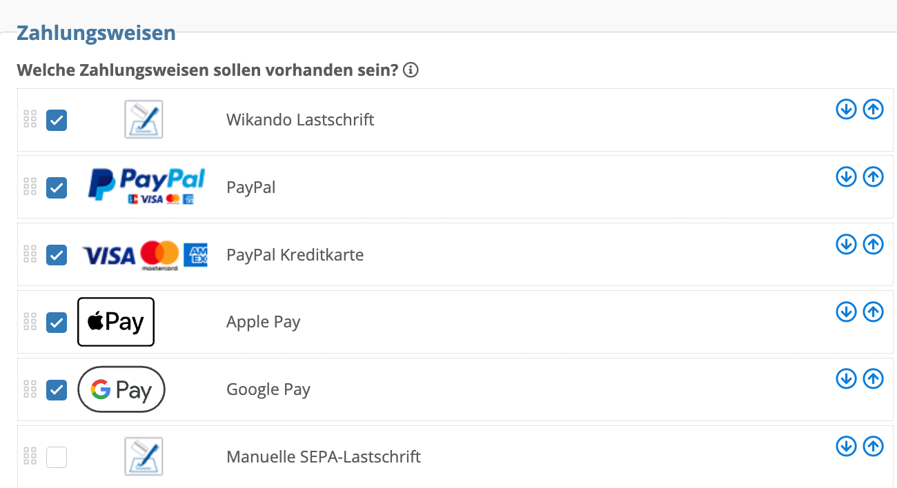 Screenshot: Hier sieht man beispielhaft, welche Zahlungsweisen man auswählen kann, wie z.B. die Wikando Lastschrift, Paypal, Apple Pay und Google Pay.