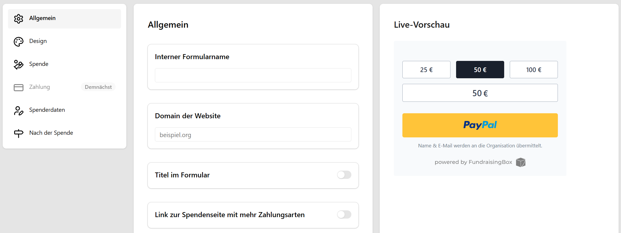Aufbau des Expressformular-Editors mit Navigation, Bearbeitungsbereich und Live-Vorschau