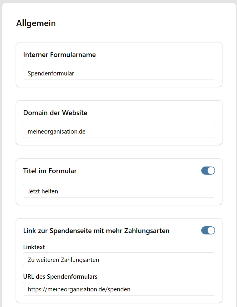Allgemeine Einstellungen eines Expressformulars mit Formularname, Domain, Titel und Link zu weiteren Zahlungsarten