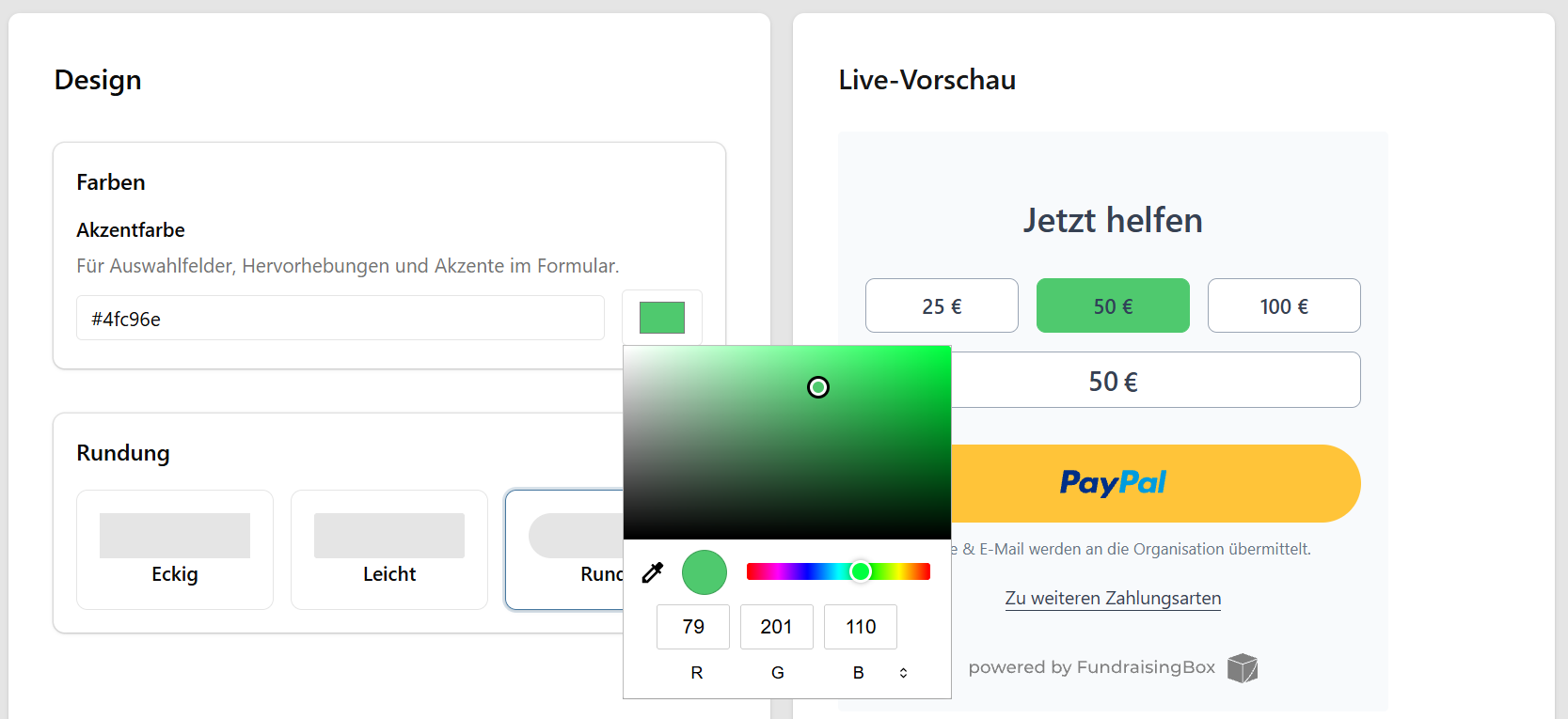 Design-Einstellungen mit Farbauswahl, Rundung und Live-Vorschau des Expressformulars