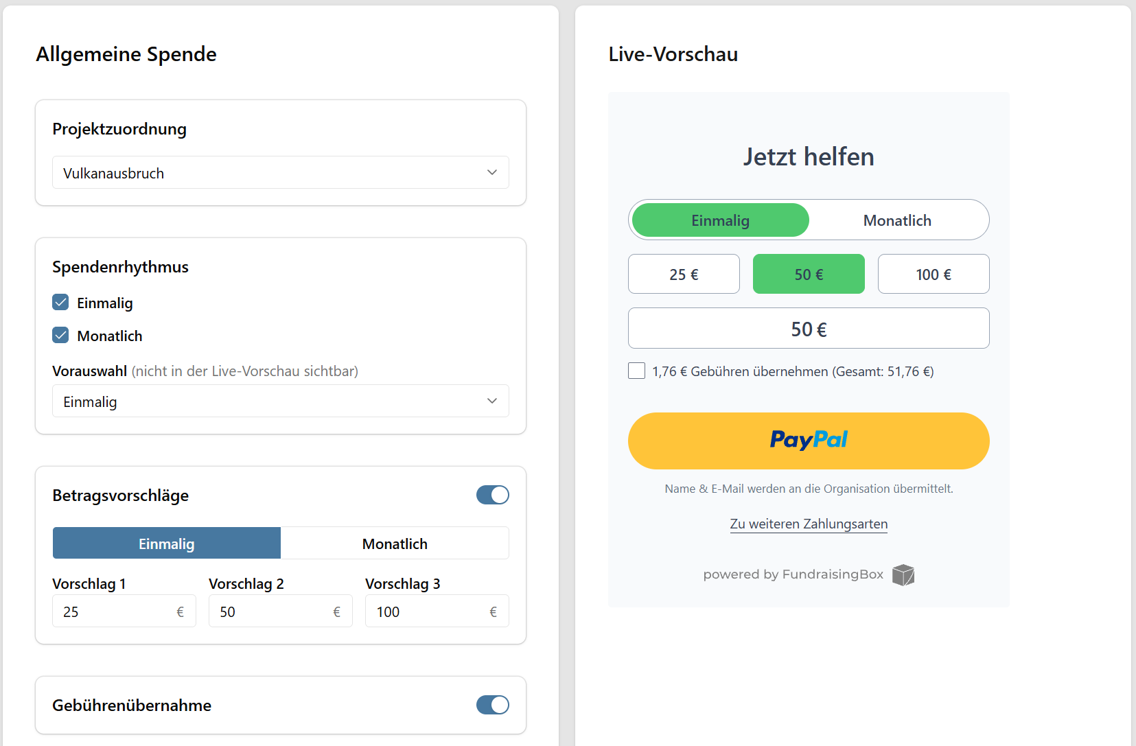 Spendeneinstellungen mit Projektzuordnung, Spendenrhythmus, Betragsvorschlägen und Gebührenübernahme