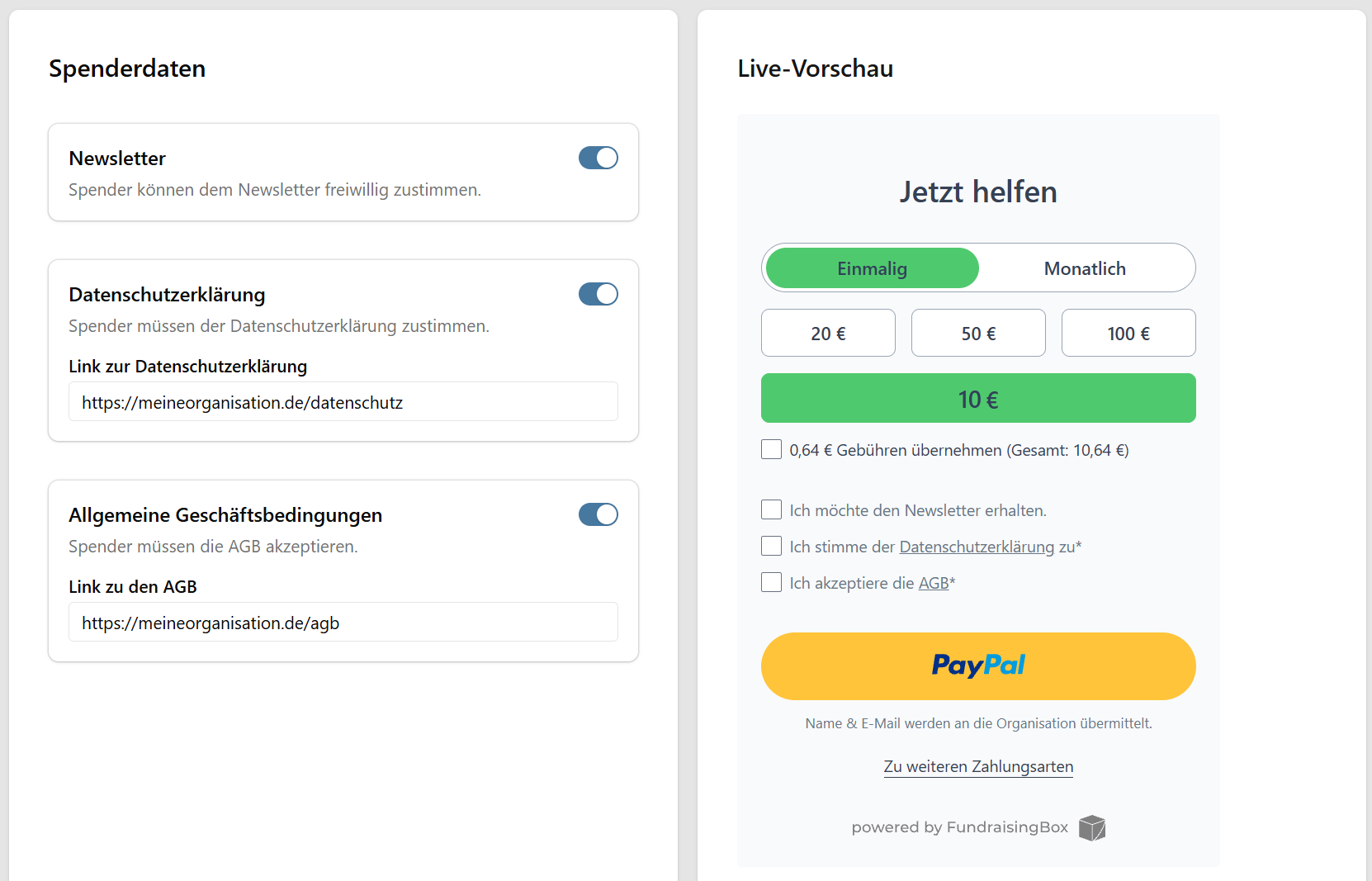 Einstellungen für Newsletter, Datenschutzerklärung und Allgemeine Geschäftsbedingungen mit Live-Vorschau