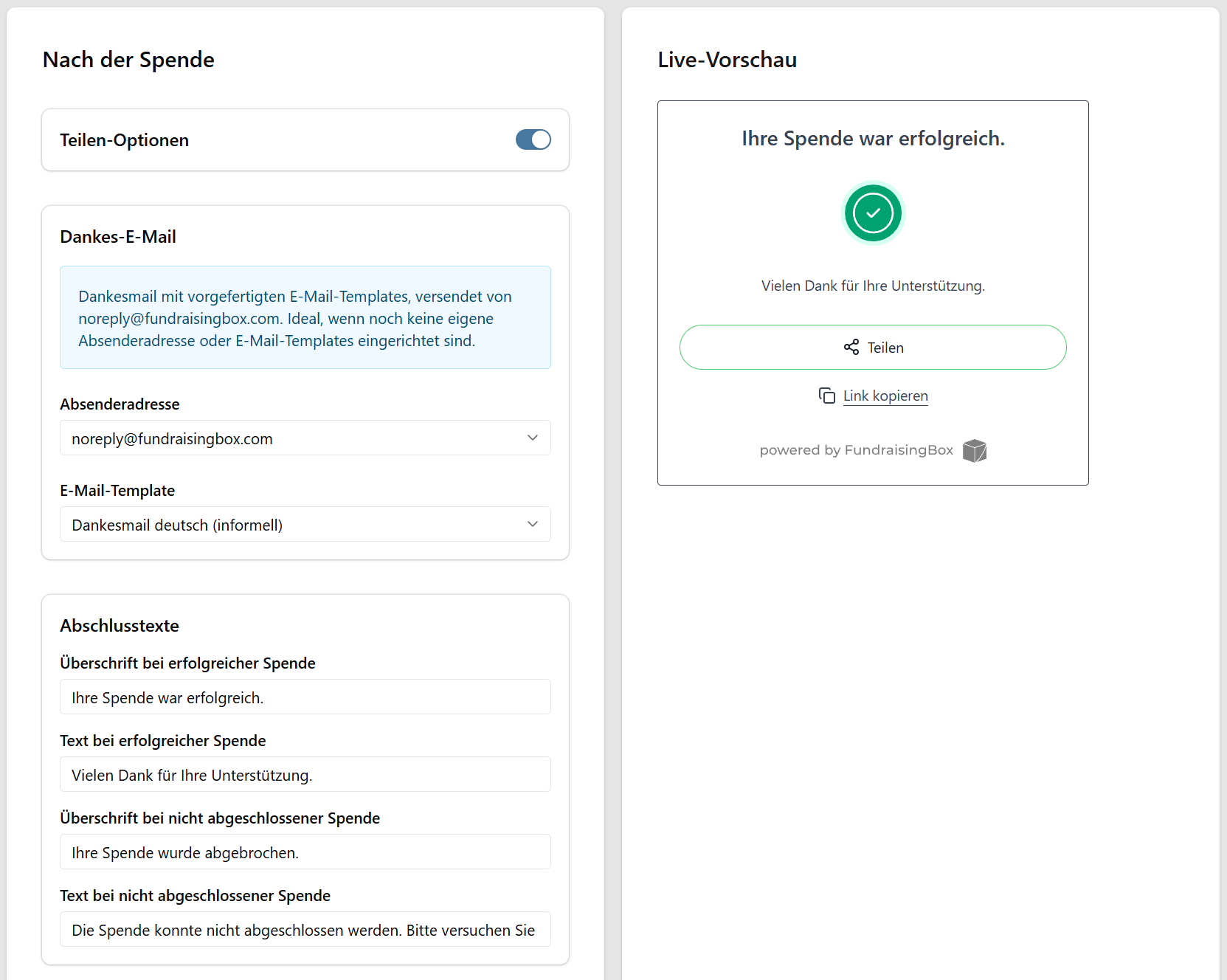 Einstellungen nach der Spende mit Teilen-Optionen, Dankes-E-Mail, Abschlusstexten und Live-Vorschau