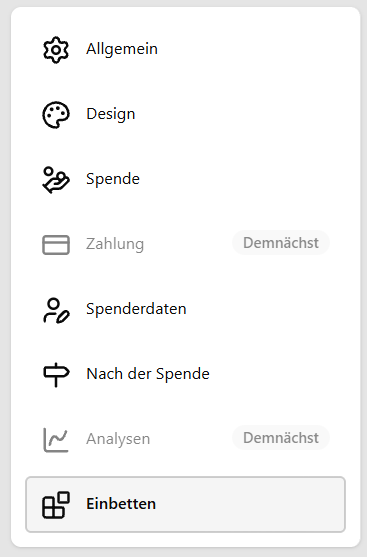Navigationsbereich des Expressformular-Editors mit dem Menüpunkt Einbetten