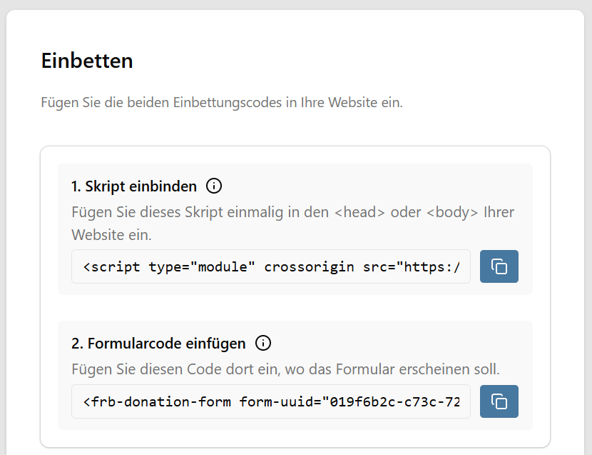 Einbettungscodes für Skript und Formularcode im Expressformular-Editor