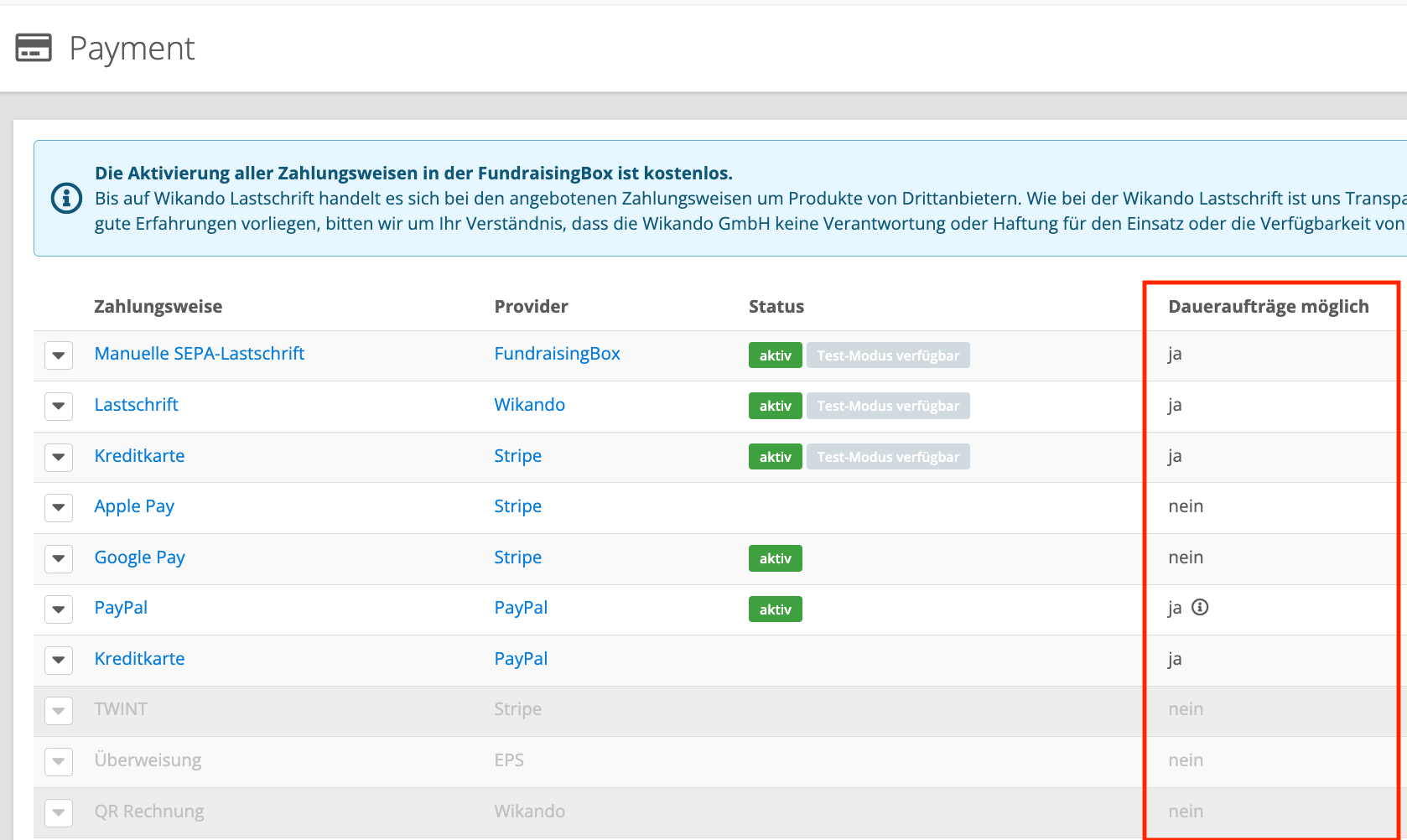 Screenshot von dem Bereich Payment im Account, in dem man alle Zahlungsweisen sieht.