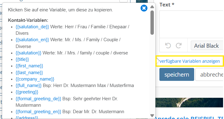 Screenshot von der separate Info-Box der verfügbaren Variablen.