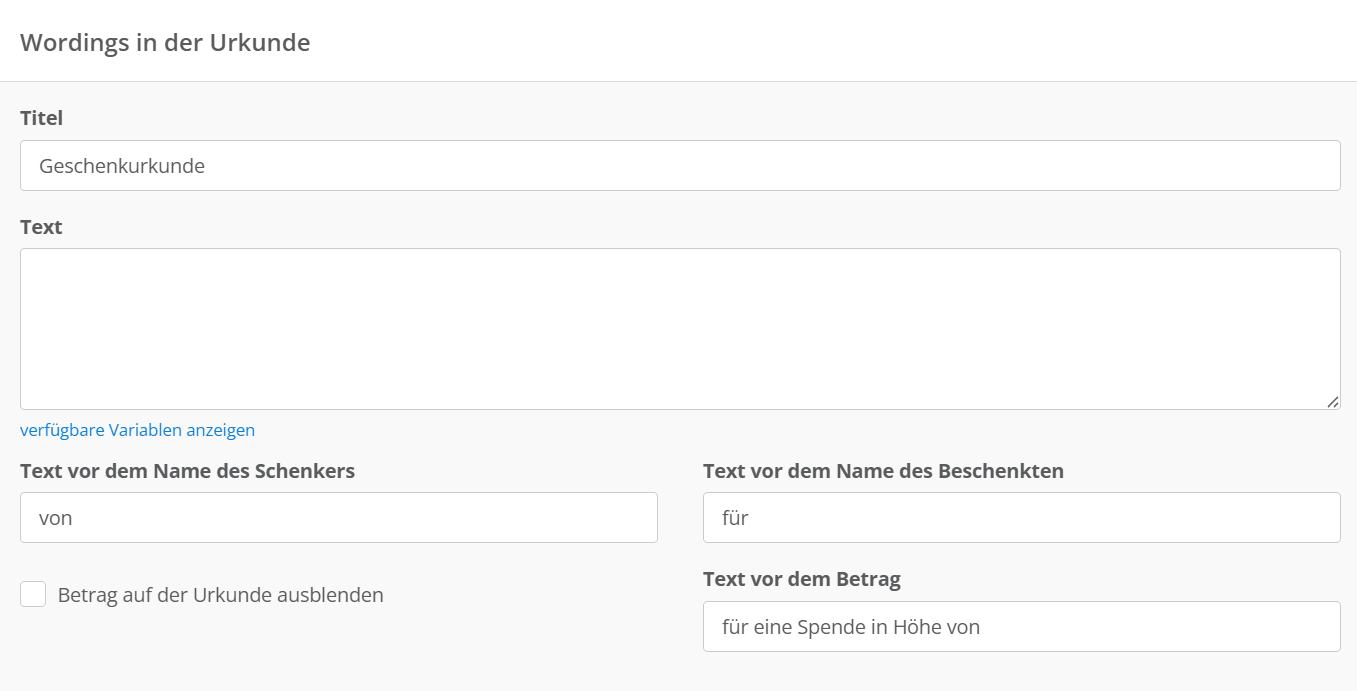 Screenshot von der Option, die Wordings für die Urkunde anzupassen