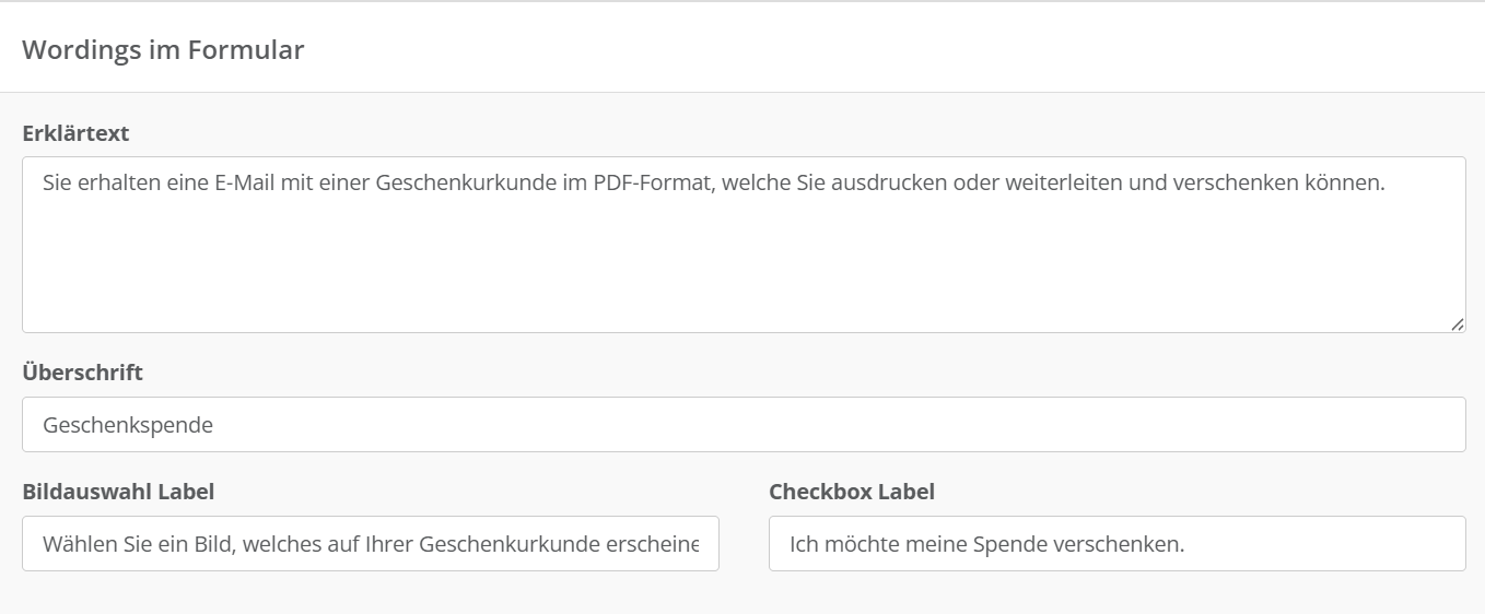 Screenshot von der Option die Wordings im Formular anzupassen.