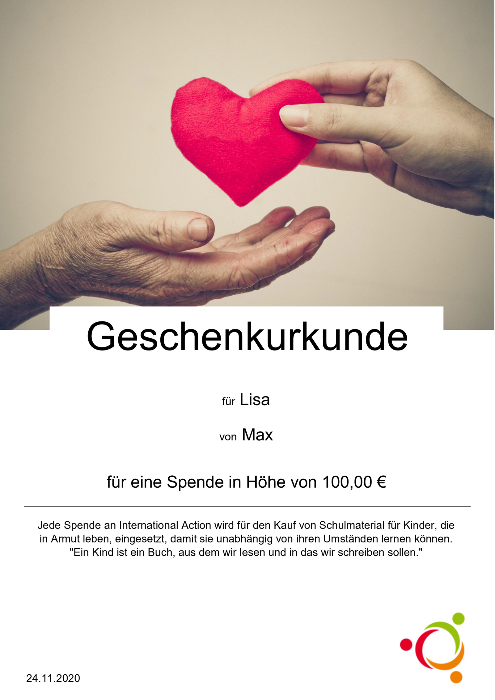 Screenshot von einer Geschenkspenden-Urkunde im Vorschau-Modus