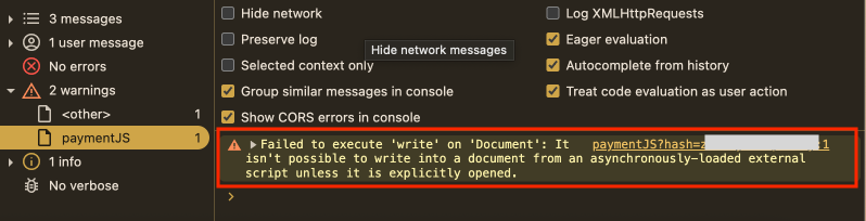Browser-Konsole mit document.write-Fehlermeldung