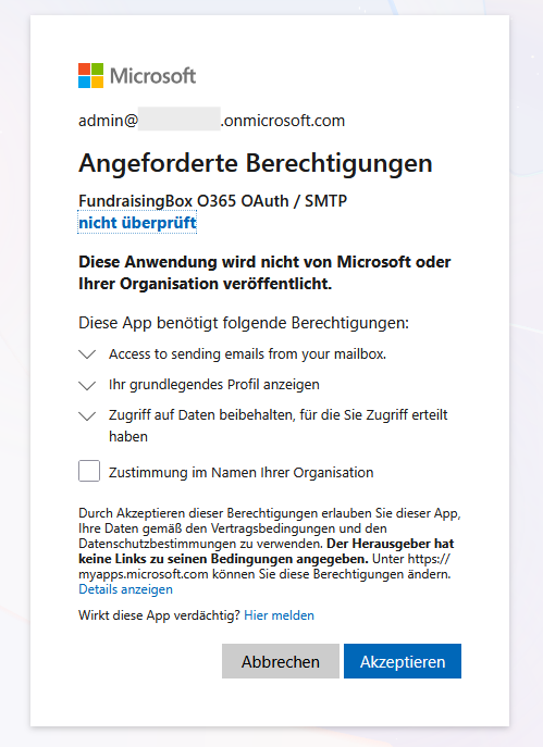 Screenshot mit den angeforderten Berechtigungen von Microsoft.