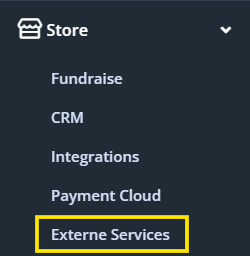 Screenshot des Menüs mit dem Eintrag Store und Untereintrag Externe Services