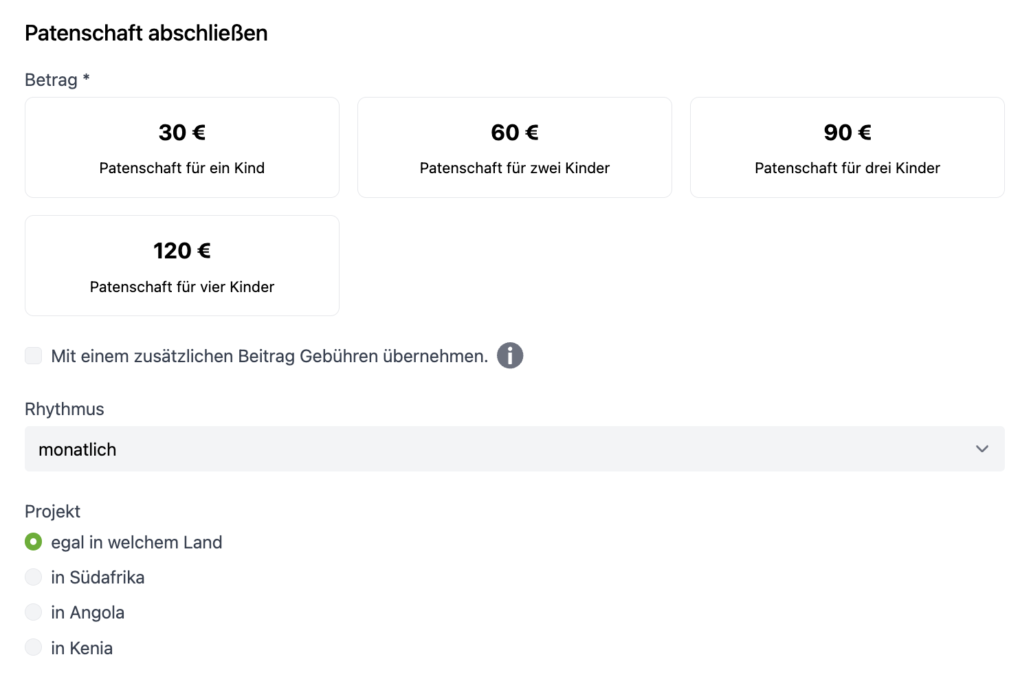 Screenshot eines Patenschaftsformulars