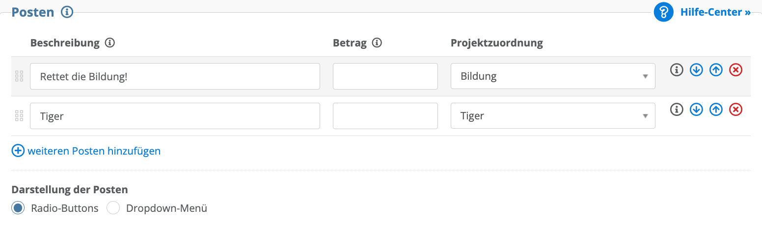 Beispiel einer Projektzuordnung im Formular