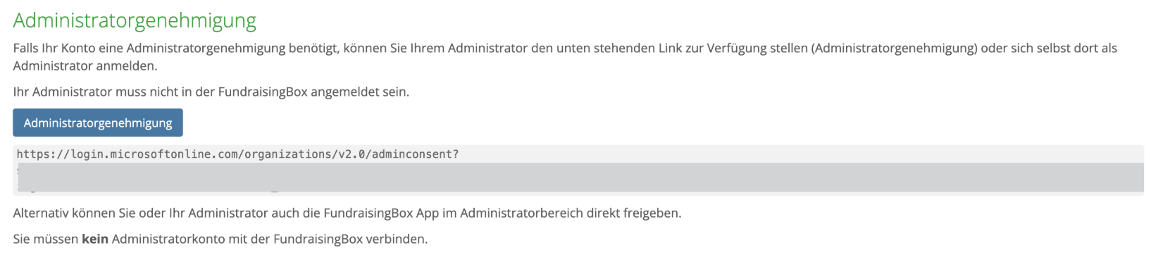 Screenshot mit dem Hinweis zum Link für die Administratorgenehmigung.