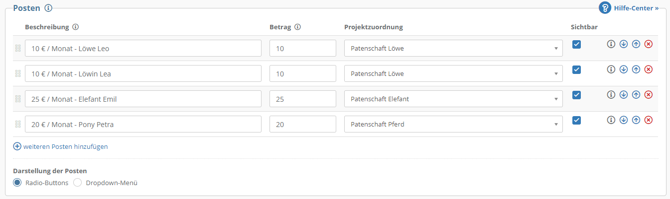 Konfiguration der Posten im Formular