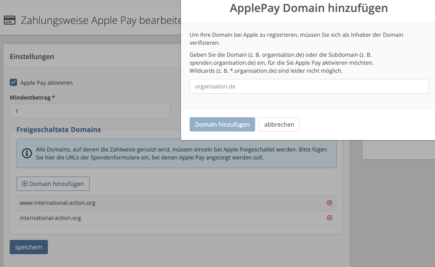 Screenshot: Apple Pay aktivieren, Betragsgrenzen festlegen und eine Domain hinzufügen